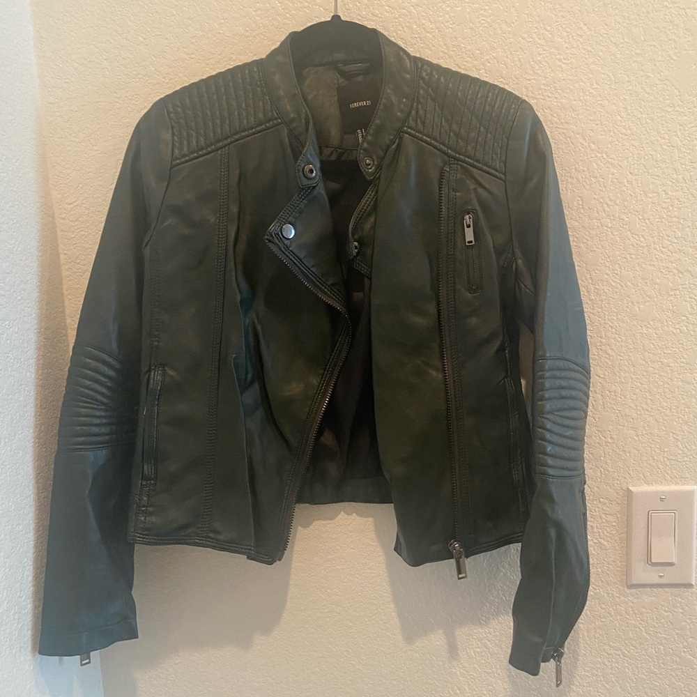 Green faux leather Forever 21 motorcycle jacket Size: Small